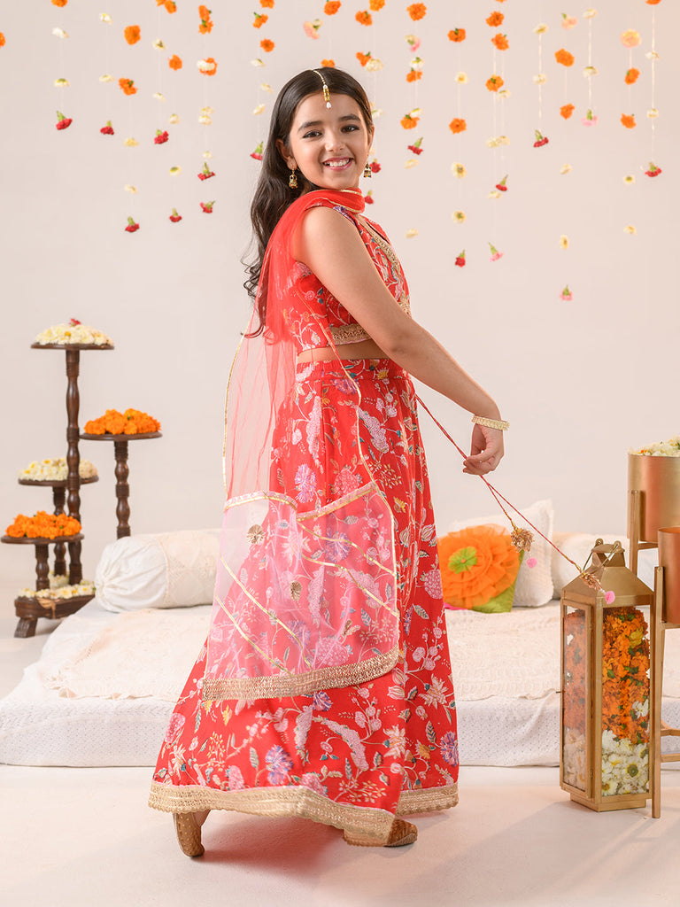 Girls Printed Ready to Wear Lehenga & Blouse With Dupatta (L-REDPINKFLOWER)