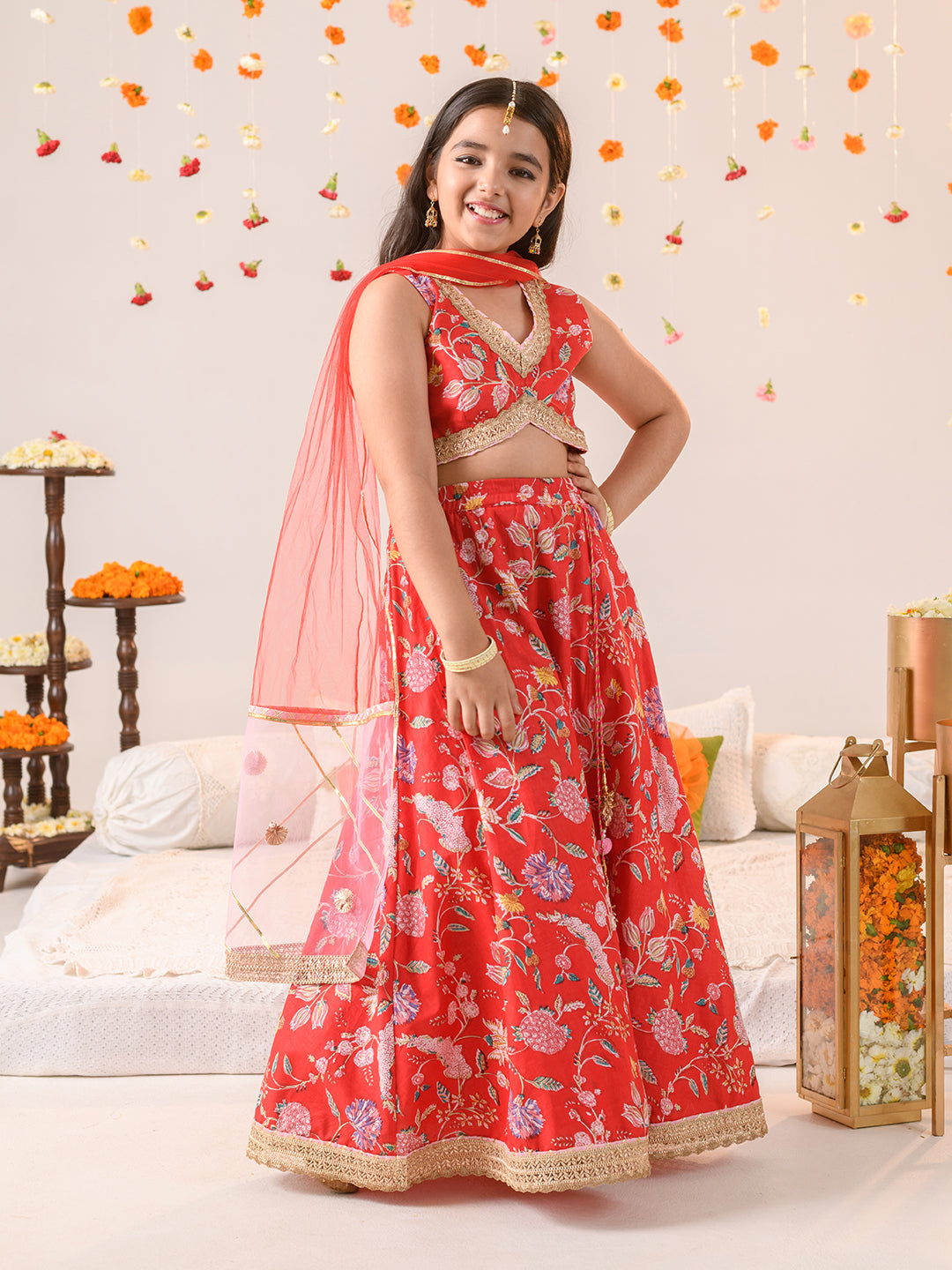 Girls Printed Ready to Wear Lehenga & Blouse With Dupatta (L-REDPINKFLOWER)