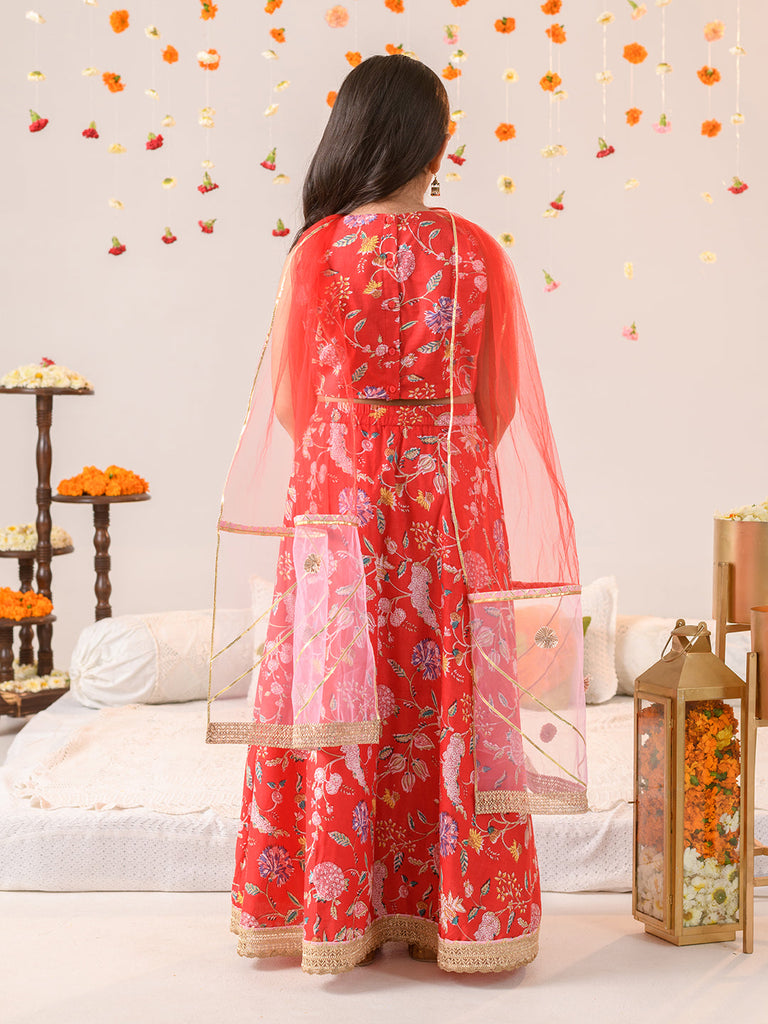 Girls Printed Ready to Wear Lehenga & Blouse With Dupatta (L-REDPINKFLOWER)
