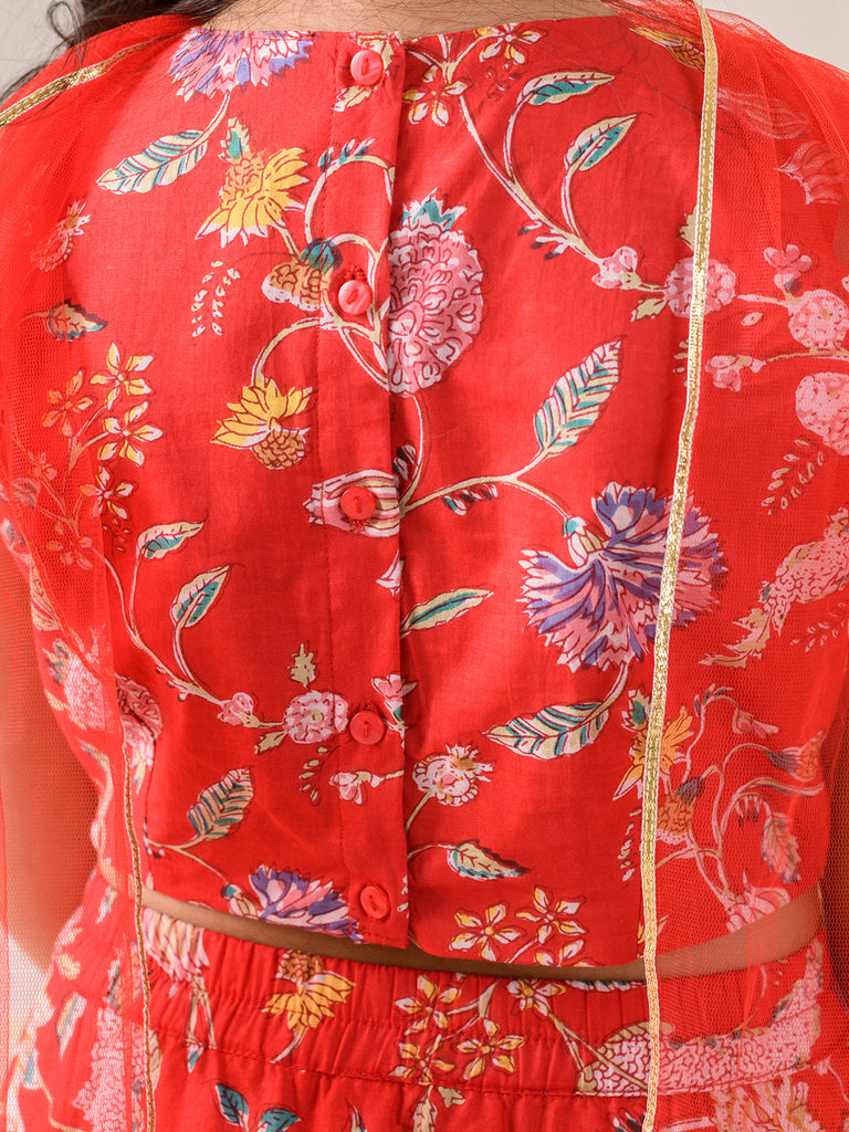 Girls Printed Ready to Wear Lehenga & Blouse With Dupatta (L-REDPINKFLOWER)
