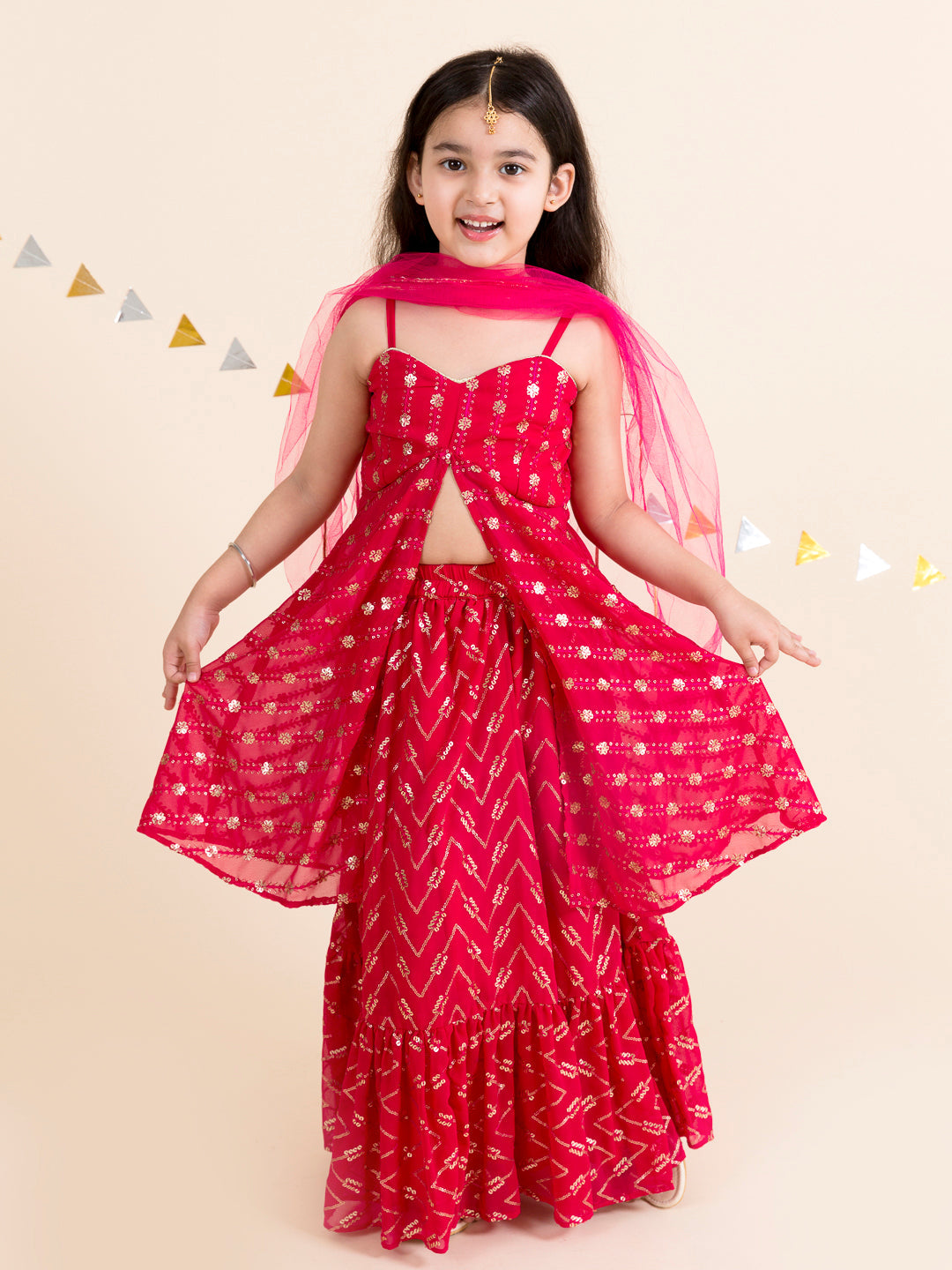 Girls Magenta & Gold-Toned Embellished Sequinned Ready to Wear Lehenga Choli (L-Raniseq)