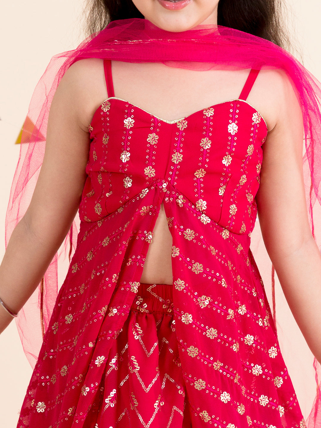 Girls Magenta & Gold-Toned Embellished Sequinned Ready to Wear Lehenga Choli (L-Raniseq)