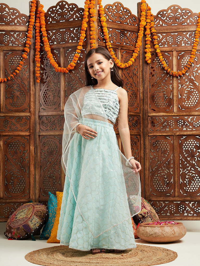 Pspeaches Girls Embroidered Ready to Wear Lehenga With Blouse & Dupatta (L-SEQUENCEBLUE)