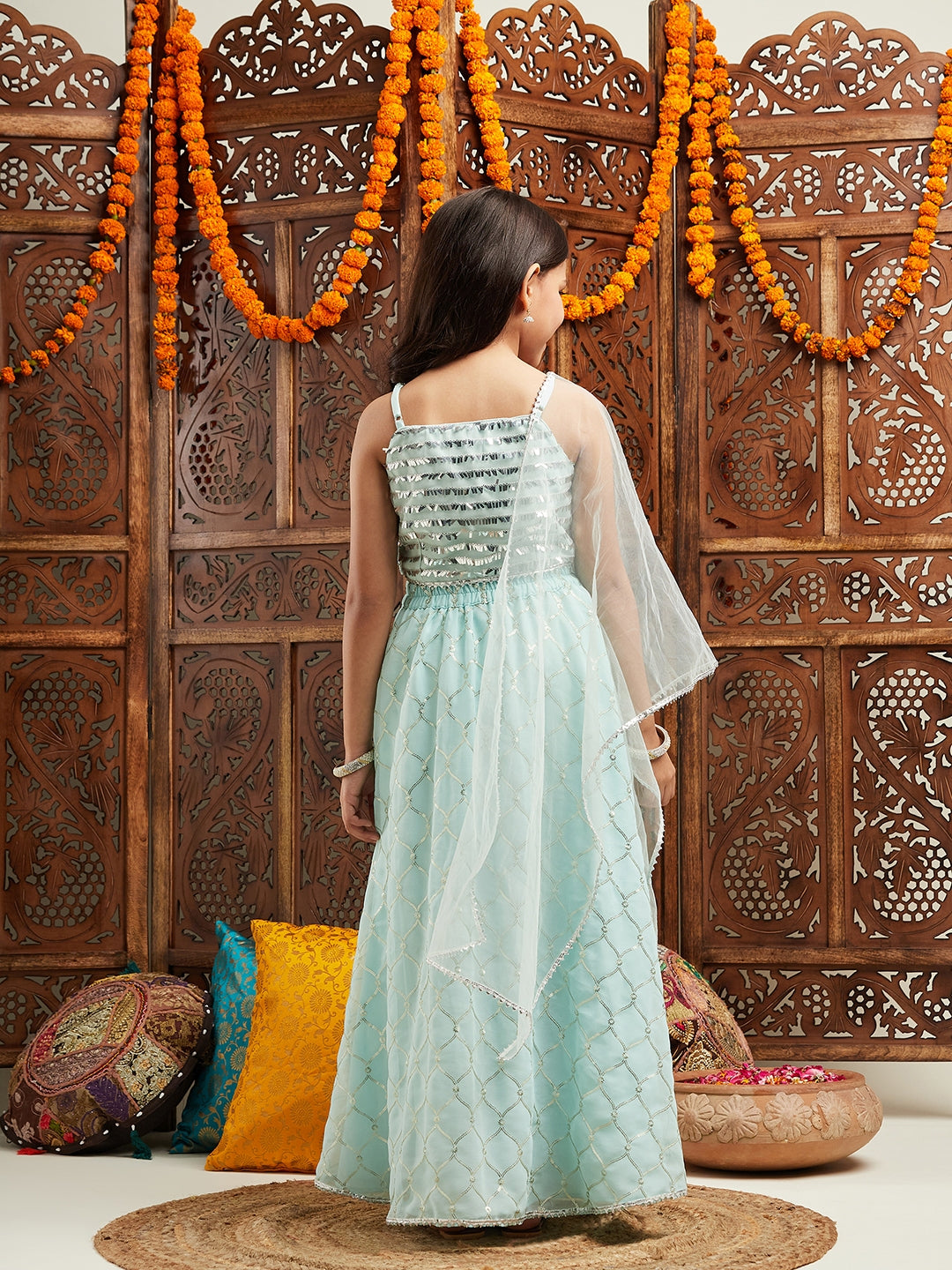Pspeaches Girls Embroidered Ready to Wear Lehenga With Blouse & Dupatta (L-SEQUENCEBLUE)