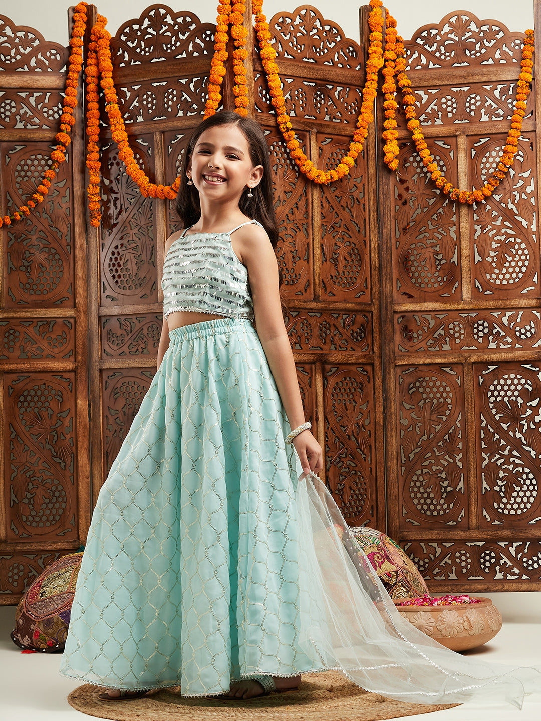 Pspeaches Girls Embroidered Ready to Wear Lehenga With Blouse & Dupatta (L-SEQUENCEBLUE)