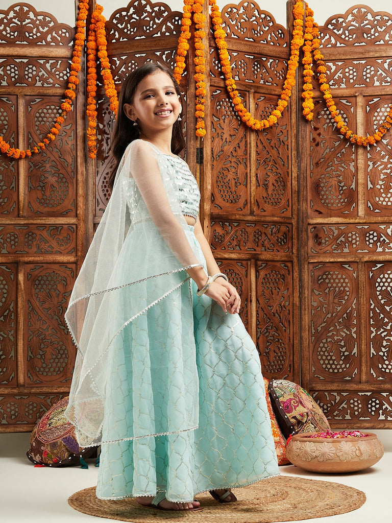 Pspeaches Girls Embroidered Ready to Wear Lehenga With Blouse & Dupatta (L-SEQUENCEBLUE)