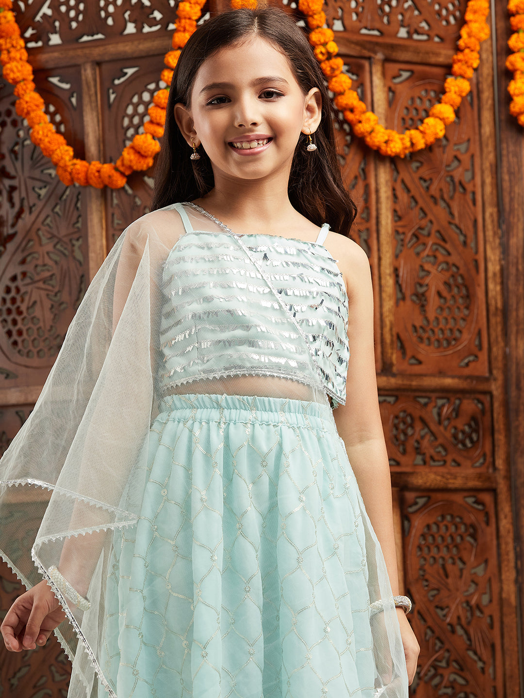Pspeaches Girls Embroidered Ready to Wear Lehenga With Blouse & Dupatta (L-SEQUENCEBLUE)