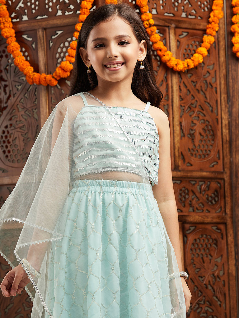 Pspeaches Girls Embroidered Ready to Wear Lehenga With Blouse & Dupatta (L-SEQUENCEBLUE)
