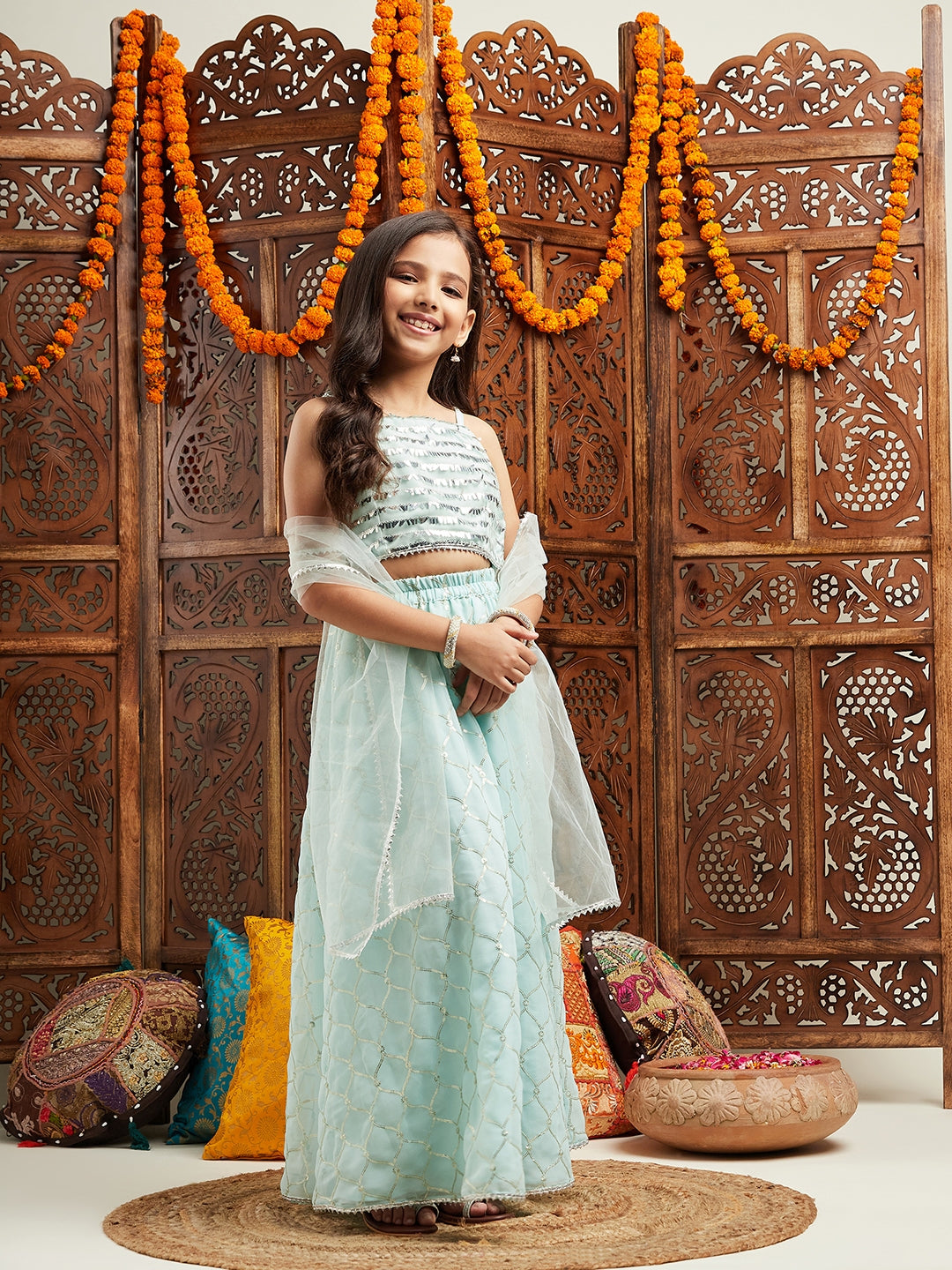 Pspeaches Girls Embroidered Ready to Wear Lehenga With Blouse & Dupatta (L-SEQUENCEBLUE)