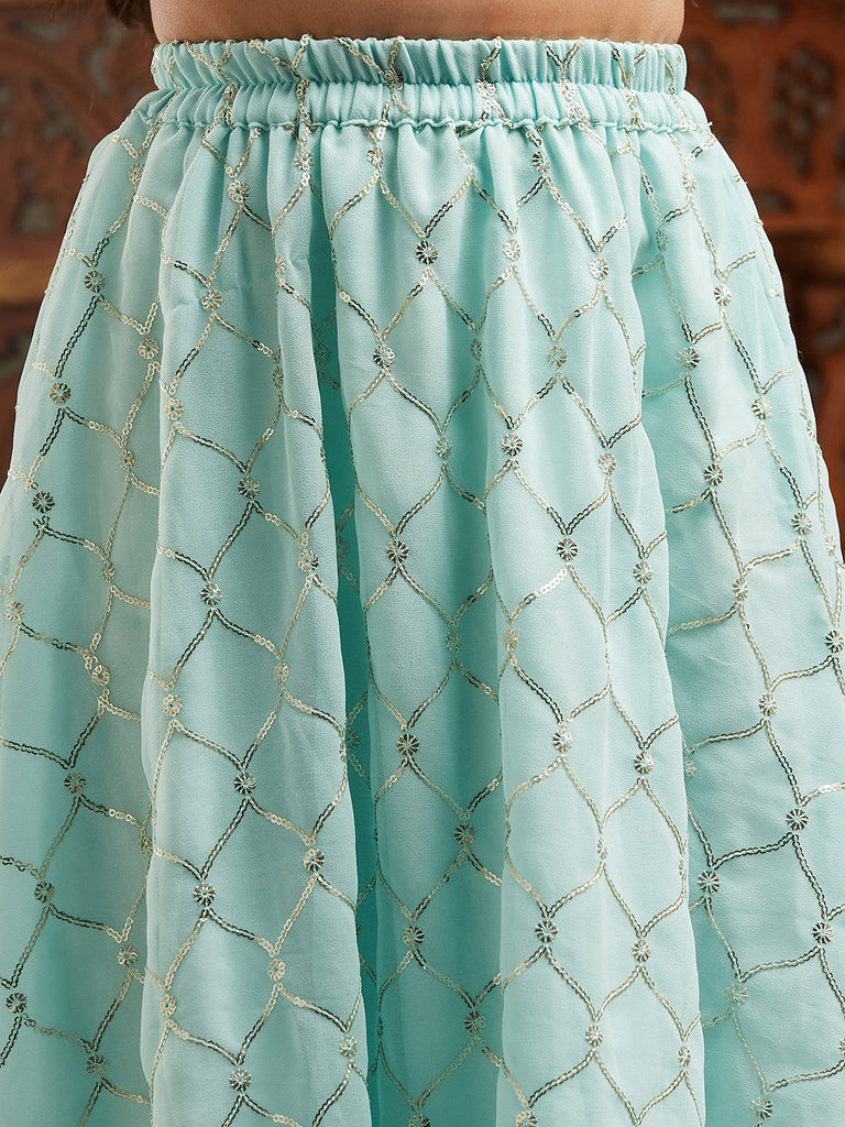 Pspeaches Girls Embroidered Ready to Wear Lehenga With Blouse & Dupatta (L-SEQUENCEBLUE)