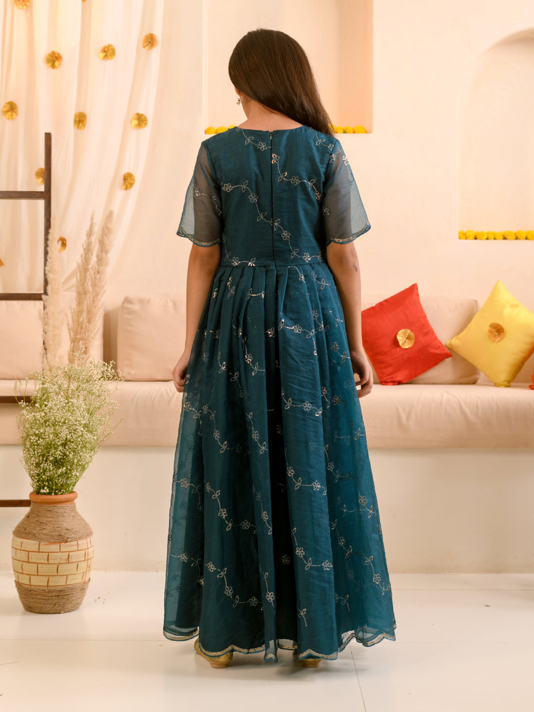 Girls Embellished V-Neck Fit & Flare Maxi Ethnic Dress (L-TEALORGANZA)