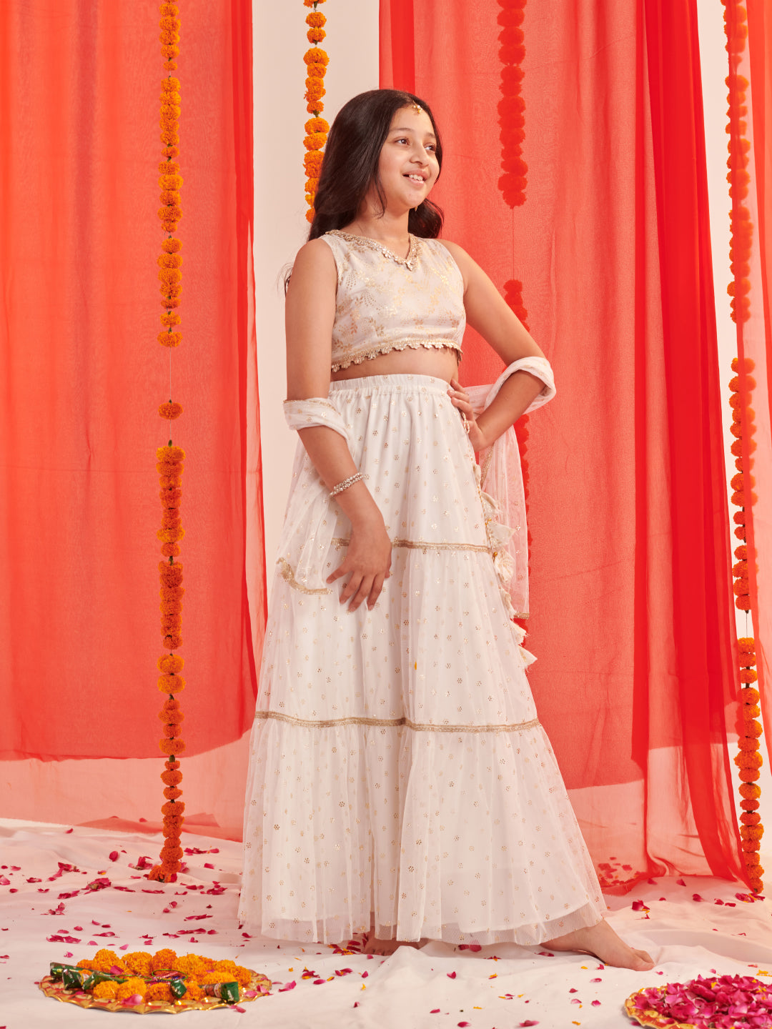 Girls Printed Ready To Wear Lehenga Blouse With Dupatta (L-WHITEFOIL)