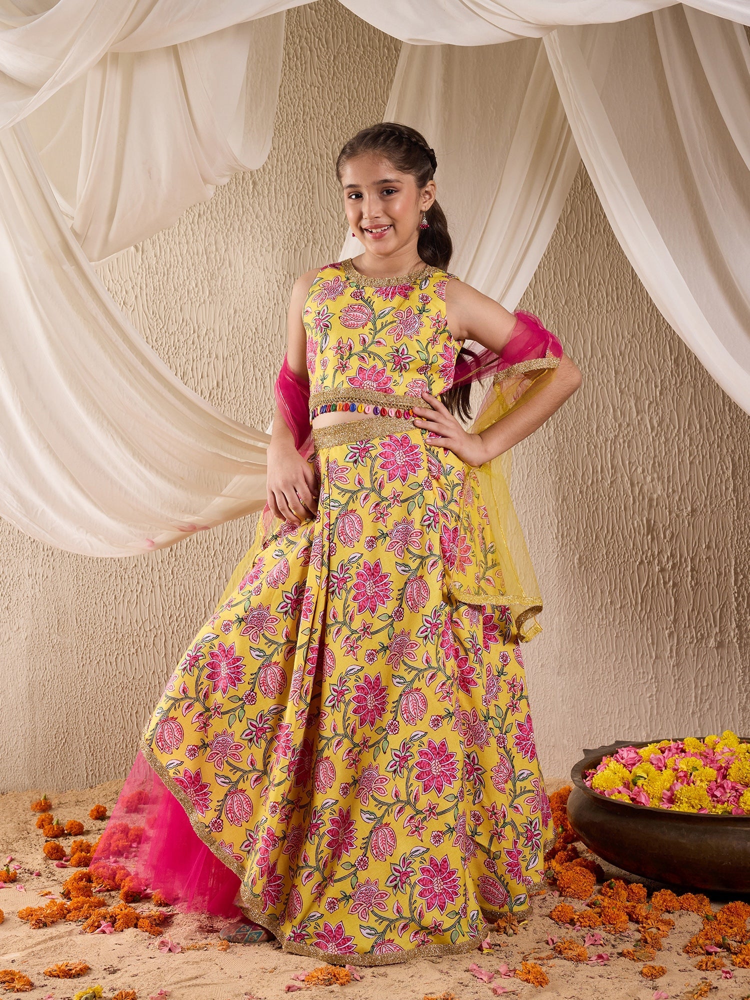 Pspeaches Girls Cotton Sleeveless Round Neck Gota Pati Embellished Lehenga Choli Set with Dupatta for Girls (L-YELLOWALLOVERPRINT)