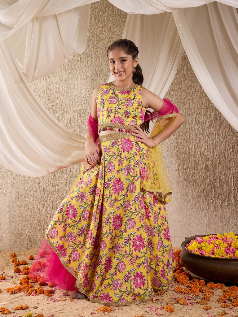 Pspeaches Girls Cotton Sleeveless Round Neck Gota Pati Embellished Lehenga Choli Set with Dupatta for Girls (L-YELLOWALLOVERPRINT)