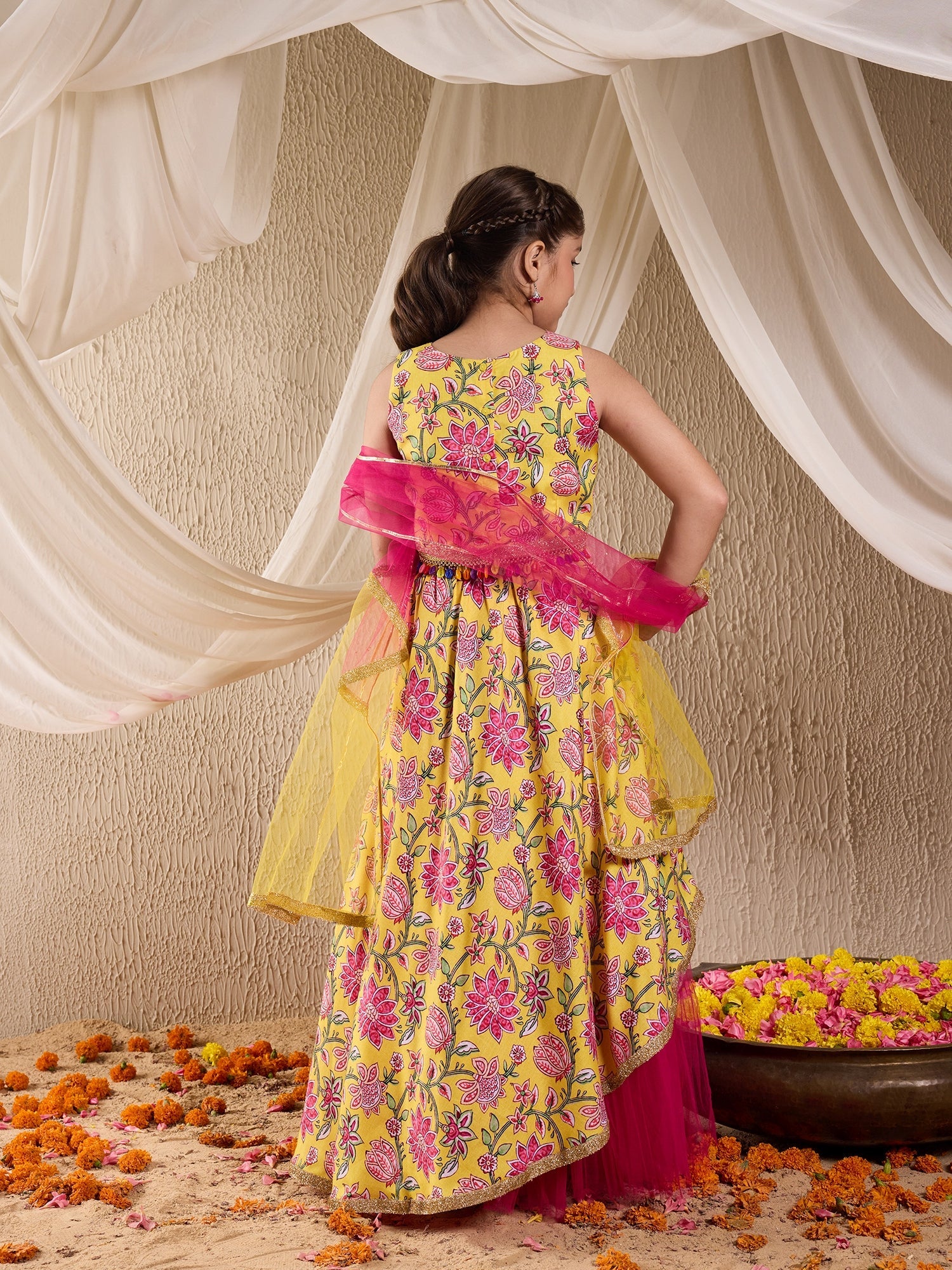 Pspeaches Girls Cotton Sleeveless Round Neck Gota Pati Embellished Lehenga Choli Set with Dupatta for Girls (L-YELLOWALLOVERPRINT)