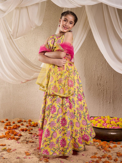 Pspeaches Girls Cotton Sleeveless Round Neck Gota Pati Embellished Lehenga Choli Set with Dupatta for Girls (L-YELLOWALLOVERPRINT)