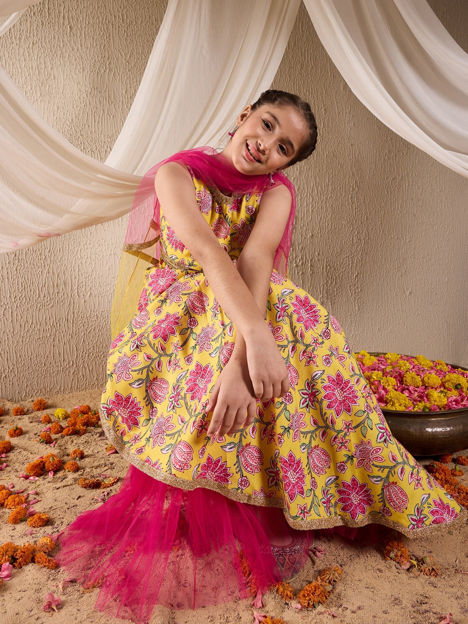 Pspeaches Girls Cotton Sleeveless Round Neck Gota Pati Embellished Lehenga Choli Set with Dupatta for Girls (L-YELLOWALLOVERPRINT)