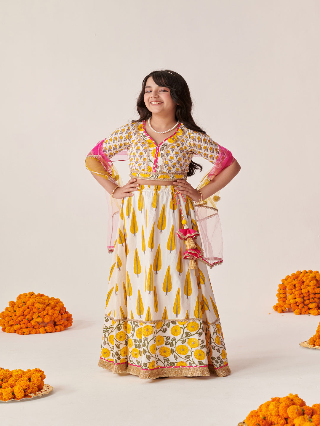 Girls Printed Ready To Wear Lehenga & Blouse With Dupatta (L-YELLOWGREYPRINT)