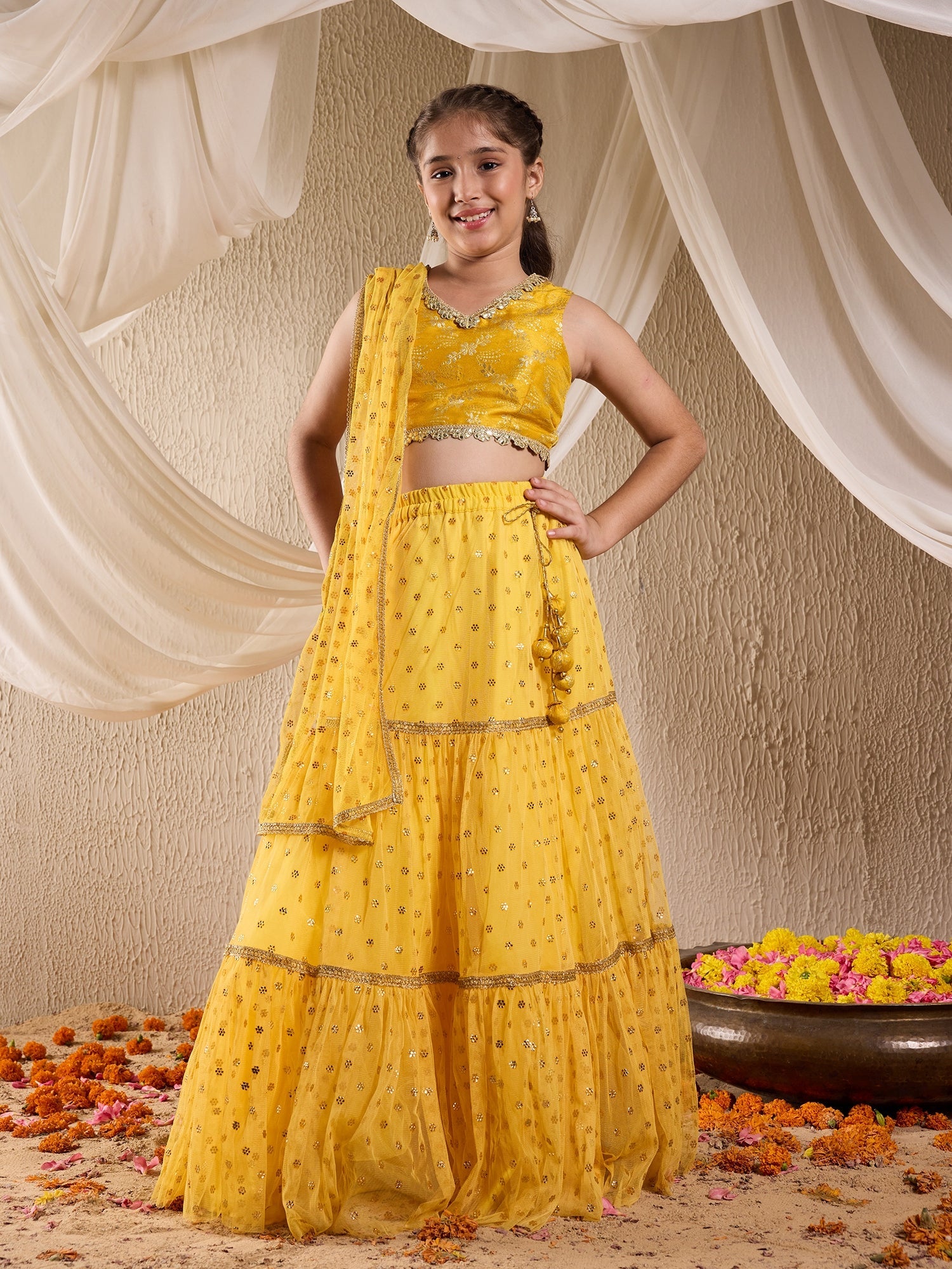 Pspeaches Girls Silk Blend Sleeveless V Neck Neck Gota Pati Embellished Lehenga Choli Set with Dupatta for Girls (L-YELLOWMUKAISHWORK)