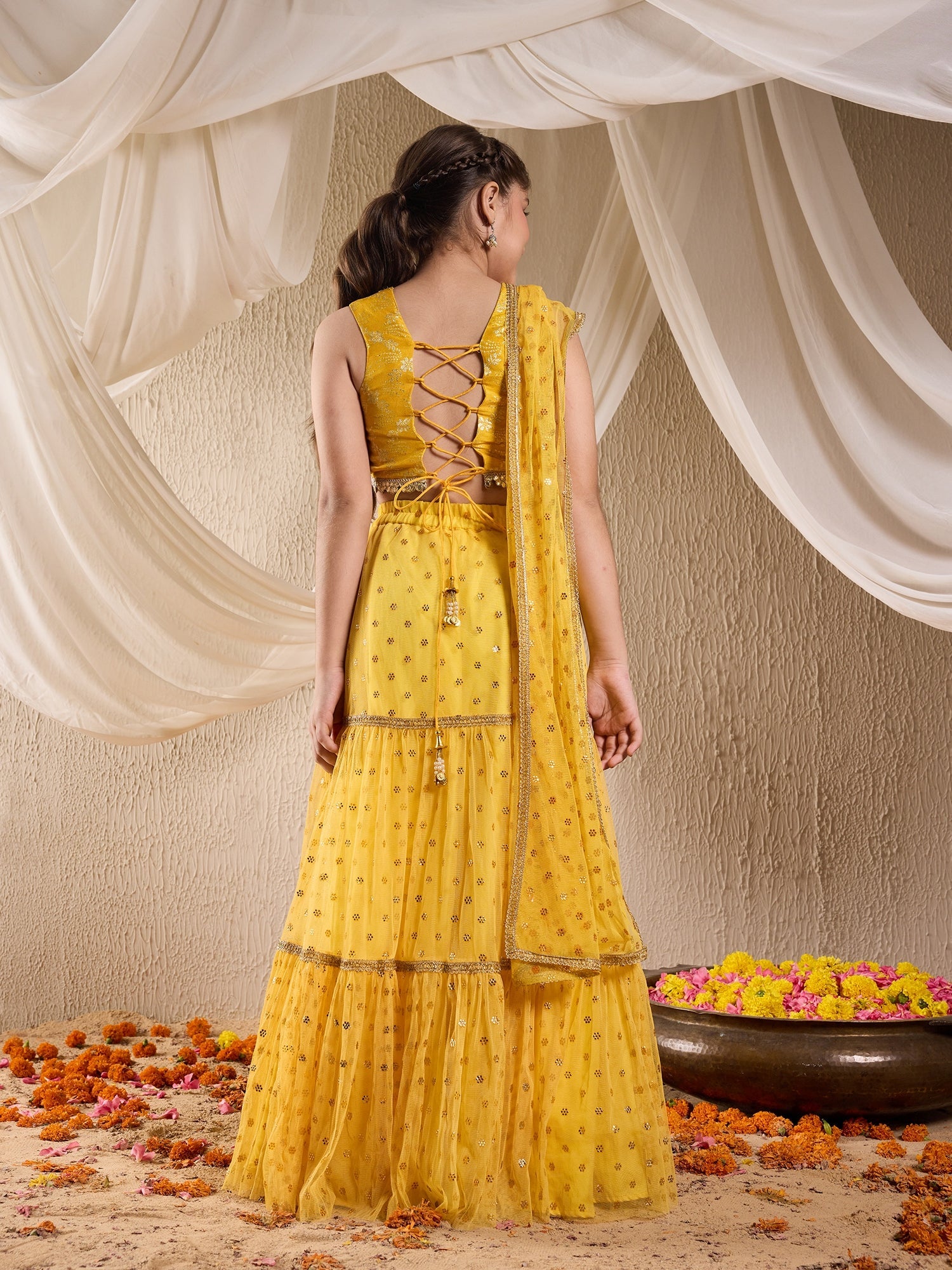 Pspeaches Girls Silk Blend Sleeveless V Neck Neck Gota Pati Embellished Lehenga Choli Set with Dupatta for Girls (L-YELLOWMUKAISHWORK)