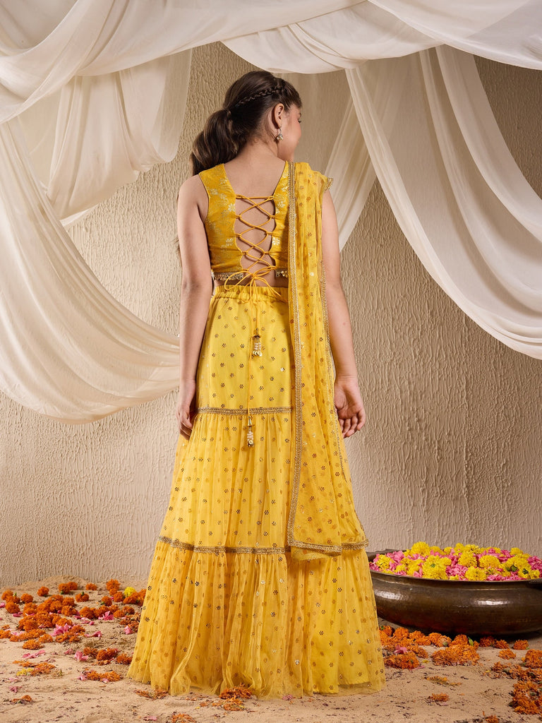 Pspeaches Girls Silk Blend Sleeveless V Neck Neck Gota Pati Embellished Lehenga Choli Set with Dupatta for Girls (L-YELLOWMUKAISHWORK)