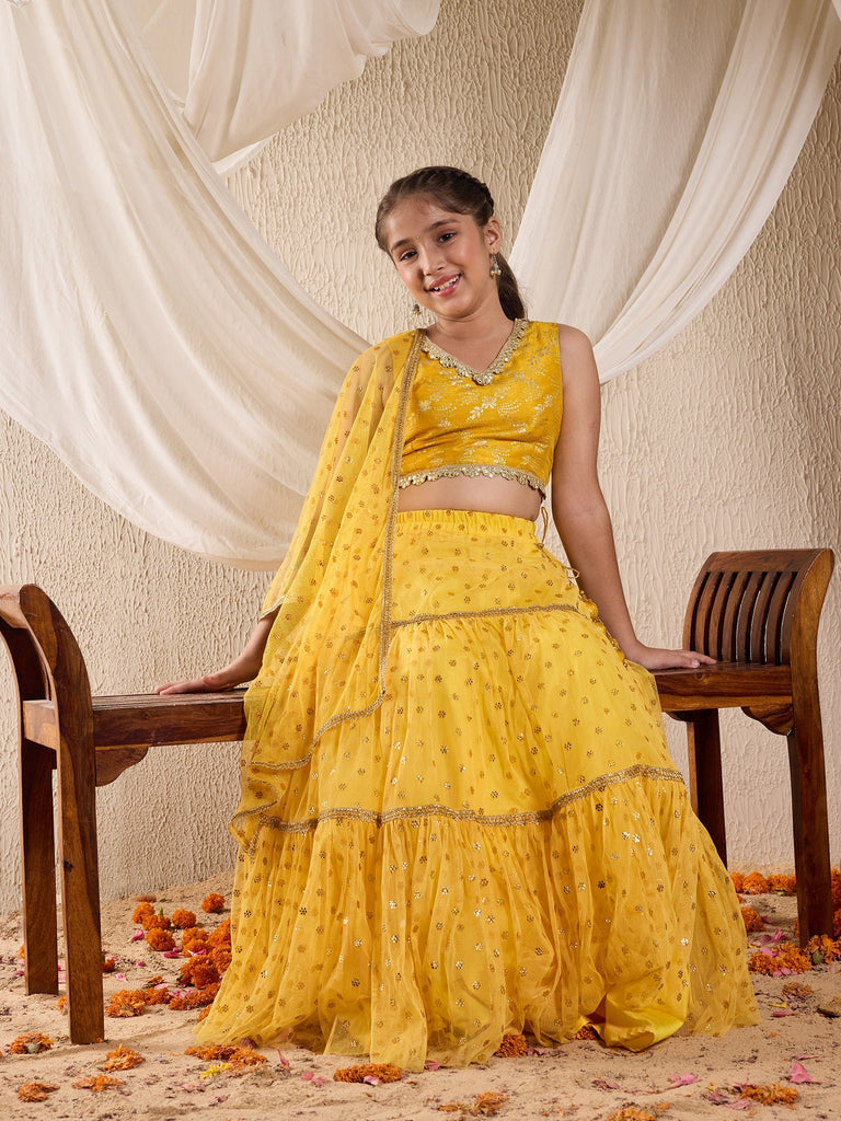 Pspeaches Girls Silk Blend Sleeveless V Neck Neck Gota Pati Embellished Lehenga Choli Set with Dupatta for Girls (L-YELLOWMUKAISHWORK)