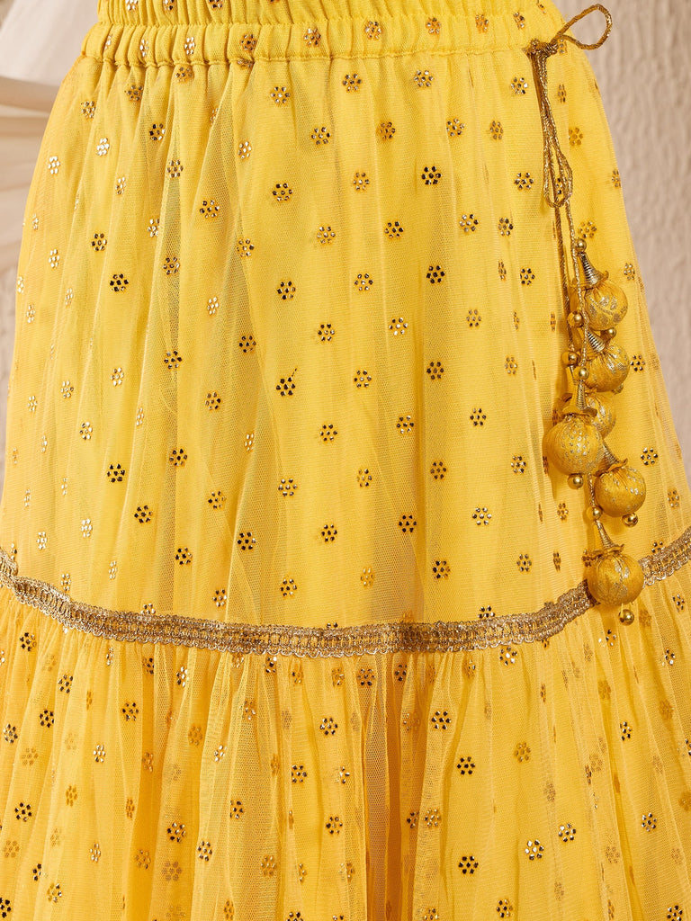 Pspeaches Girls Silk Blend Sleeveless V Neck Neck Gota Pati Embellished Lehenga Choli Set with Dupatta for Girls (L-YELLOWMUKAISHWORK)