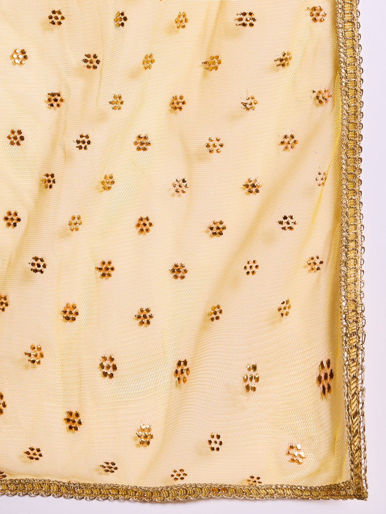 Pspeaches Girls Silk Blend Sleeveless V Neck Neck Gota Pati Embellished Lehenga Choli Set with Dupatta for Girls (L-YELLOWMUKAISHWORK)