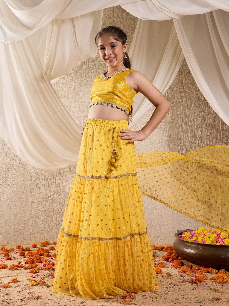 Pspeaches Girls Silk Blend Sleeveless V Neck Neck Gota Pati Embellished Lehenga Choli Set with Dupatta for Girls (L-YELLOWMUKAISHWORK)