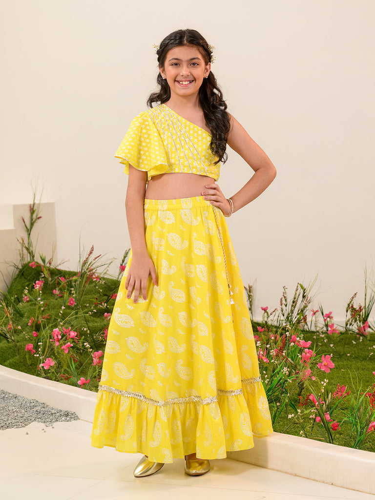 Girls Printed Ready to Wear Lehenga Choli (L-YELLOWOFFWHITE)
