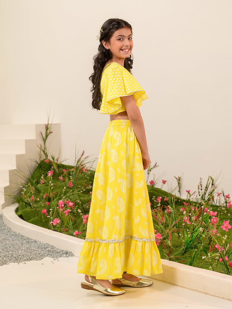 Girls Printed Ready to Wear Lehenga Choli (L-YELLOWOFFWHITE)