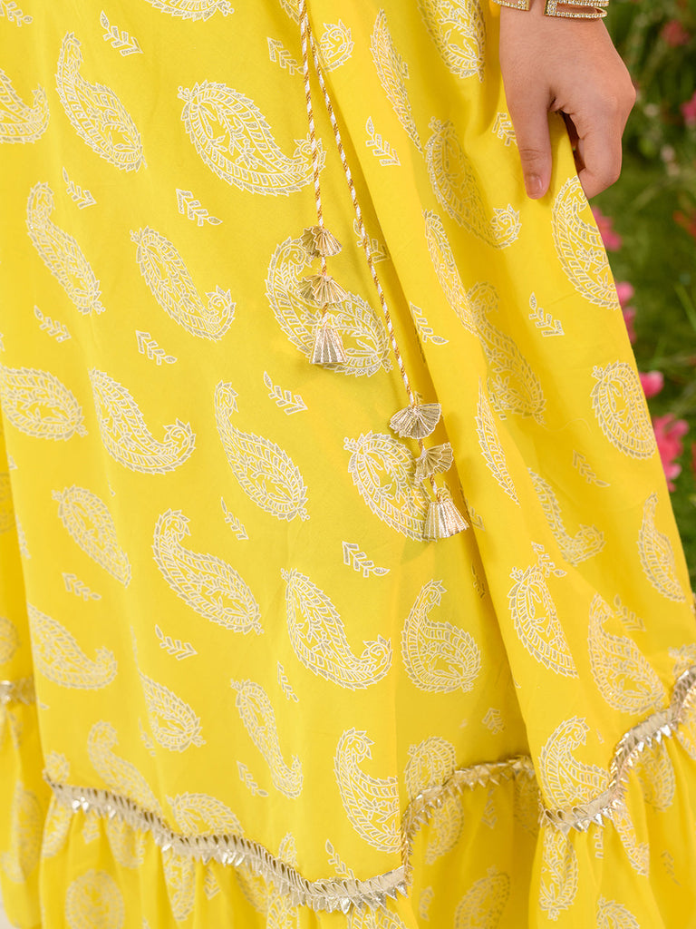 Girls Printed Ready to Wear Lehenga Choli (L-YELLOWOFFWHITE)
