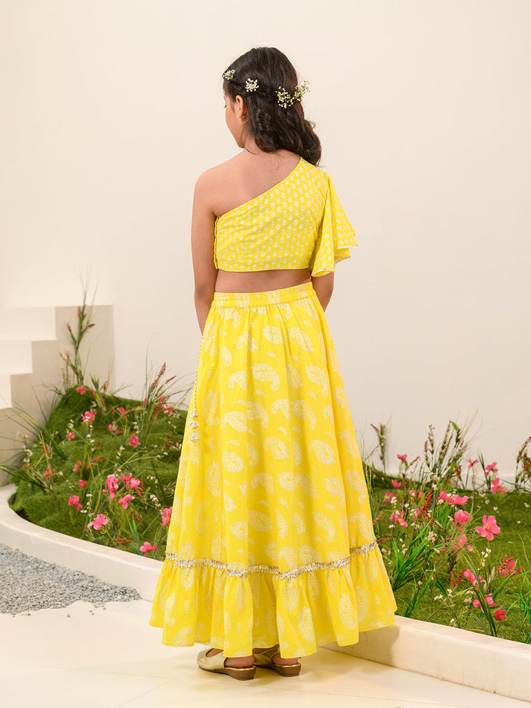 Girls Printed Ready to Wear Lehenga Choli (L-YELLOWOFFWHITE)