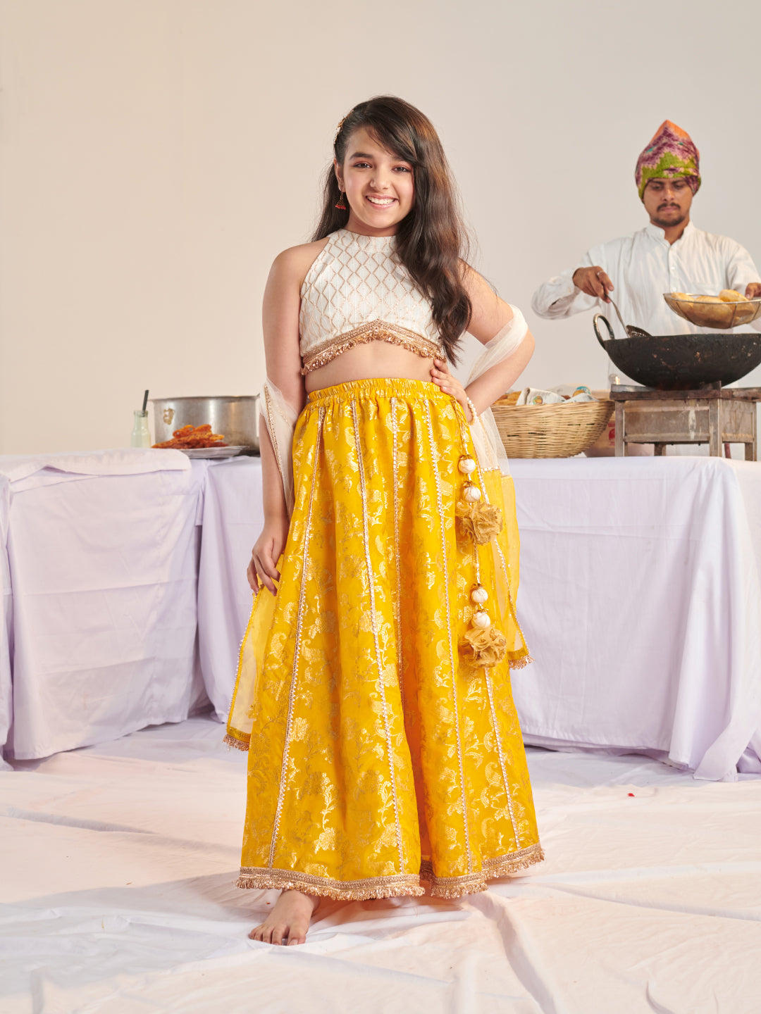 Girls Printed Ready To Wear Lehenga & Blouse With Dupatta (L-YELLOWZARIBROCADE)