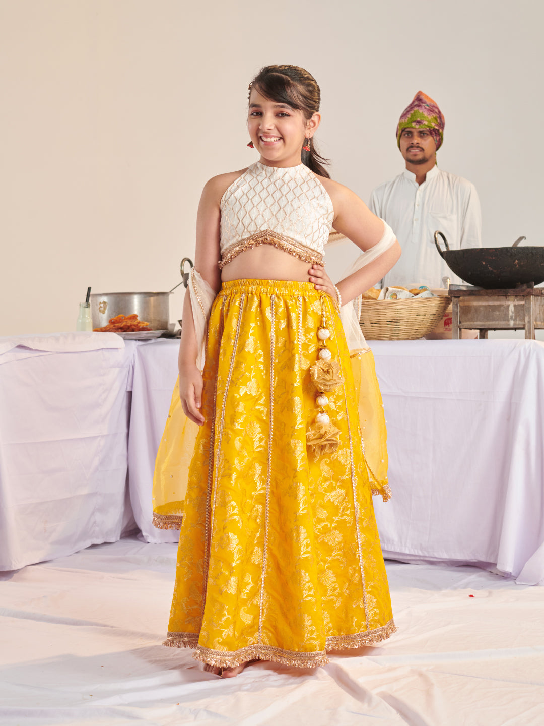 Girls Printed Ready To Wear Lehenga & Blouse With Dupatta (L-YELLOWZARIBROCADE)