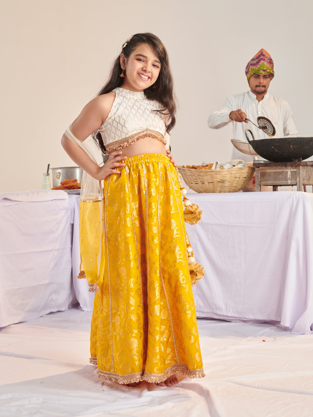 Girls Printed Ready To Wear Lehenga & Blouse With Dupatta (L-YELLOWZARIBROCADE)