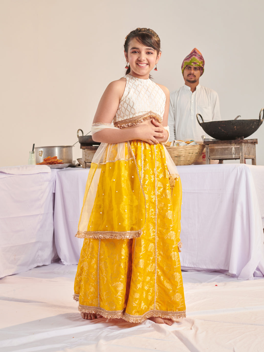 Girls Printed Ready To Wear Lehenga & Blouse With Dupatta (L-YELLOWZARIBROCADE)