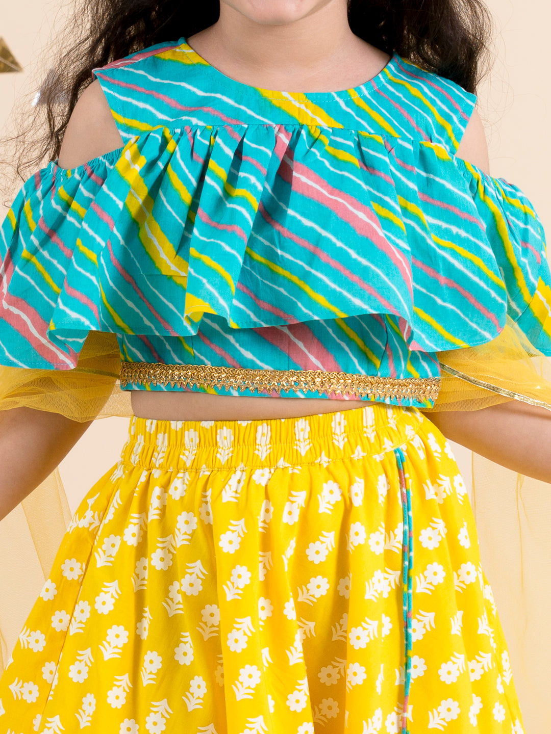 Girls Yellow & Turquoise Blue Printed Ready to Wear Lehenga & Blouse With Dupatta (L-Yellowfoil)