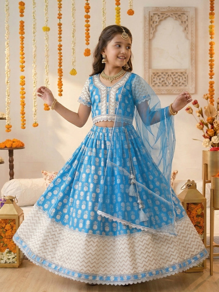 Pspeaches Girls Sky Blue Ethnic Foil Printed flared Cotton Lehenga & Choli With Dupatta (Sku-L-Bluebooti)