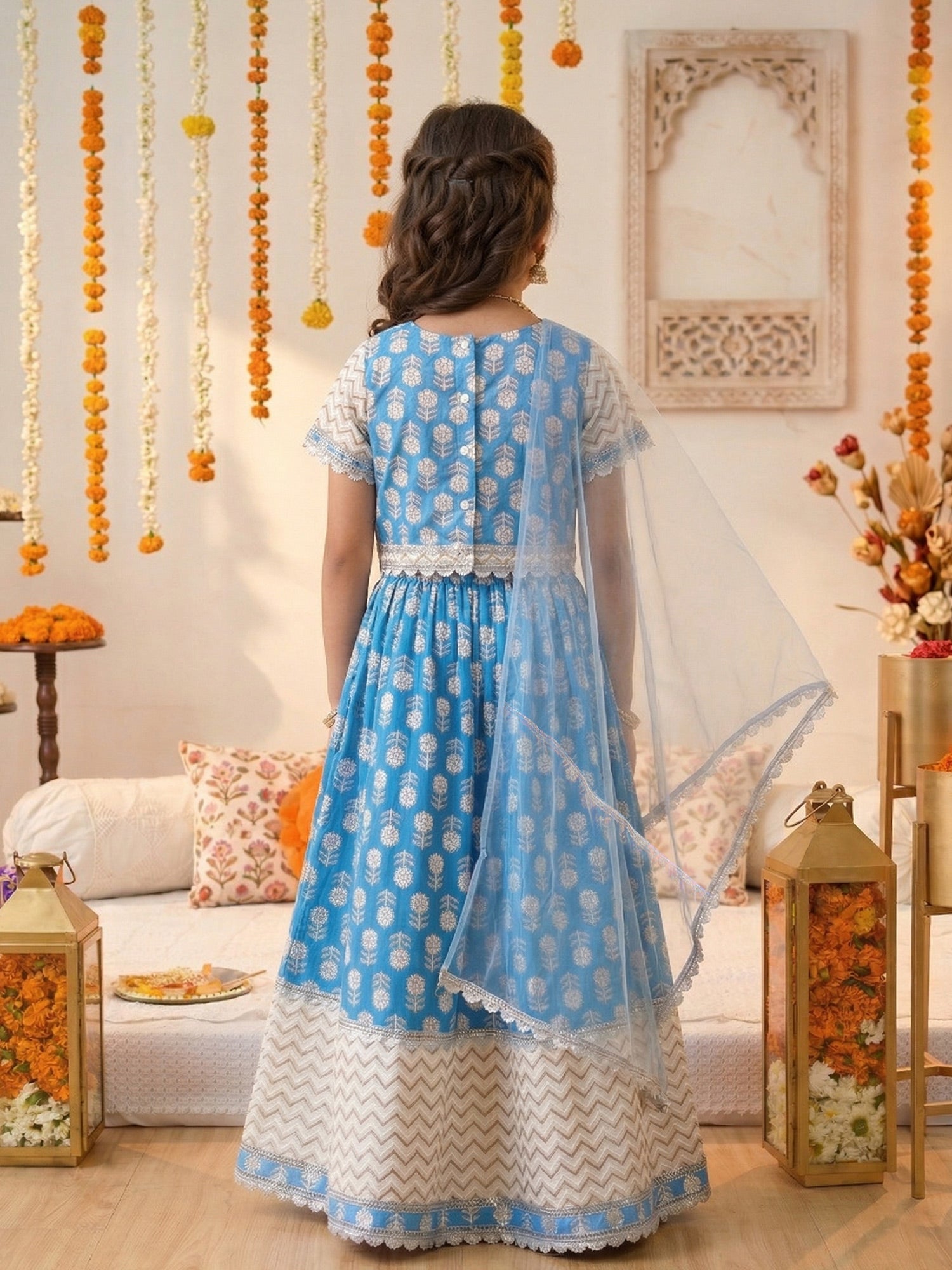Pspeaches Girls Sky Blue Ethnic Foil Printed flared Cotton Lehenga & Choli With Dupatta (Sku-L-Bluebooti)