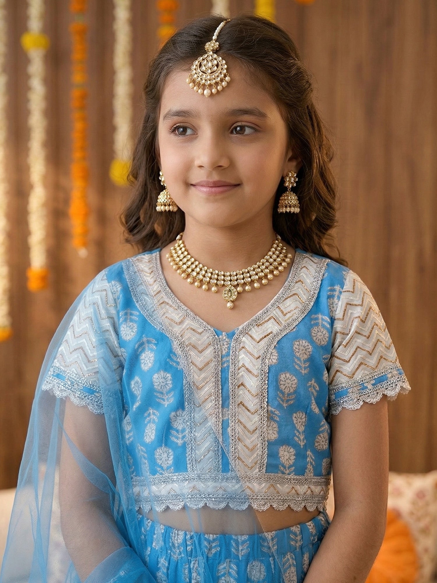 Pspeaches Girls Sky Blue Ethnic Foil Printed flared Cotton Lehenga & Choli With Dupatta (Sku-L-Bluebooti)