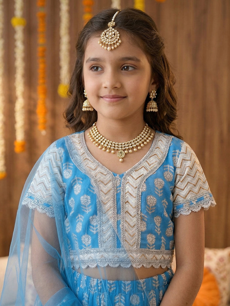 Pspeaches Girls Sky Blue Ethnic Foil Printed flared Cotton Lehenga & Choli With Dupatta (Sku-L-Bluebooti)