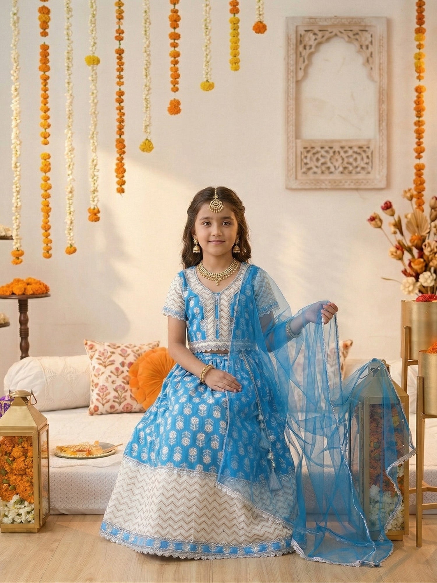 Pspeaches Girls Sky Blue Ethnic Foil Printed flared Cotton Lehenga & Choli With Dupatta (Sku-L-Bluebooti)
