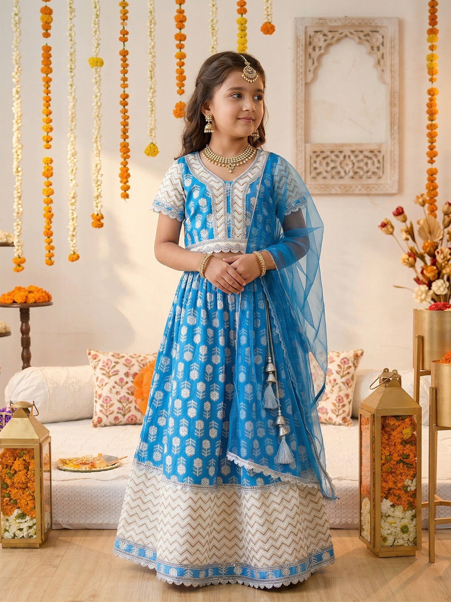 Pspeaches Girls Sky Blue Ethnic Foil Printed flared Cotton Lehenga & Choli With Dupatta (Sku-L-Bluebooti)