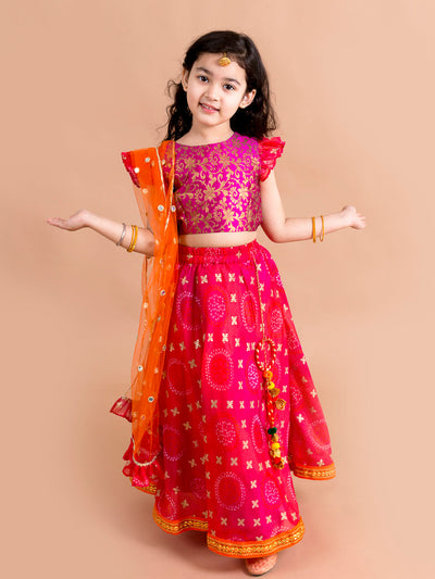Girls Pink & Orange Ready to Wear Lehenga & Blouse With Dupatta (L-bootifoil)