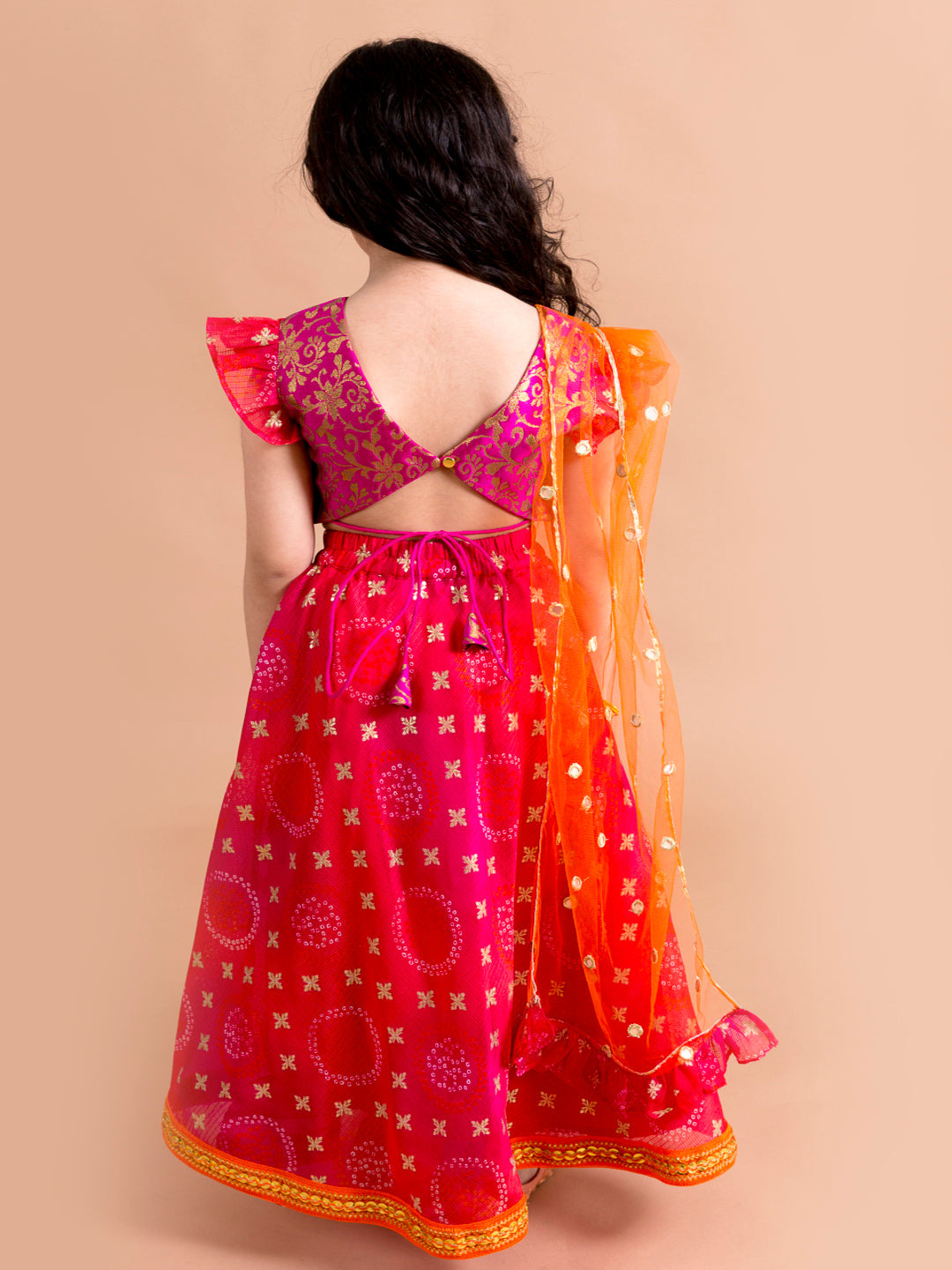 Girls Pink & Orange Ready to Wear Lehenga & Blouse With Dupatta (L-bootifoil)