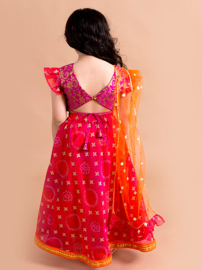 Girls Pink & Orange Ready to Wear Lehenga & Blouse With Dupatta (L-bootifoil)
