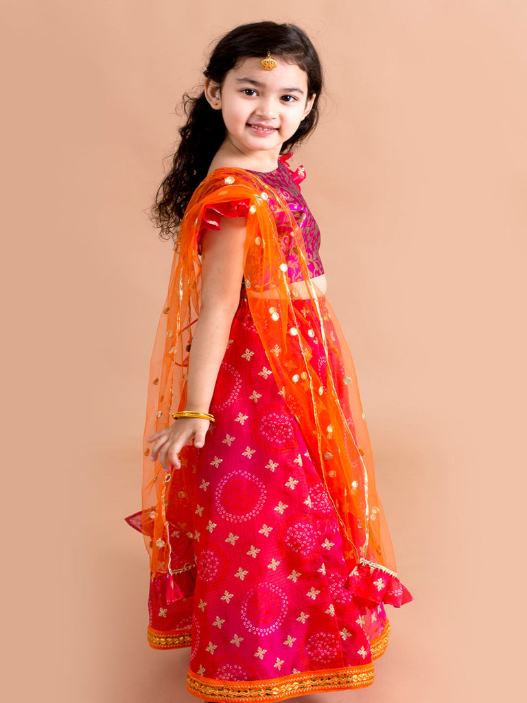 Girls Pink & Orange Ready to Wear Lehenga & Blouse With Dupatta (L-bootifoil)