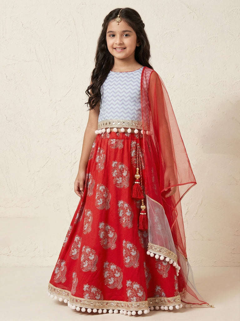 Pspeaches Girls Sky Blue & Red Ethnic Motiff Print flared Cotton Lehenga & Choli With Dupatta (Sku-L-Floralfirozi)