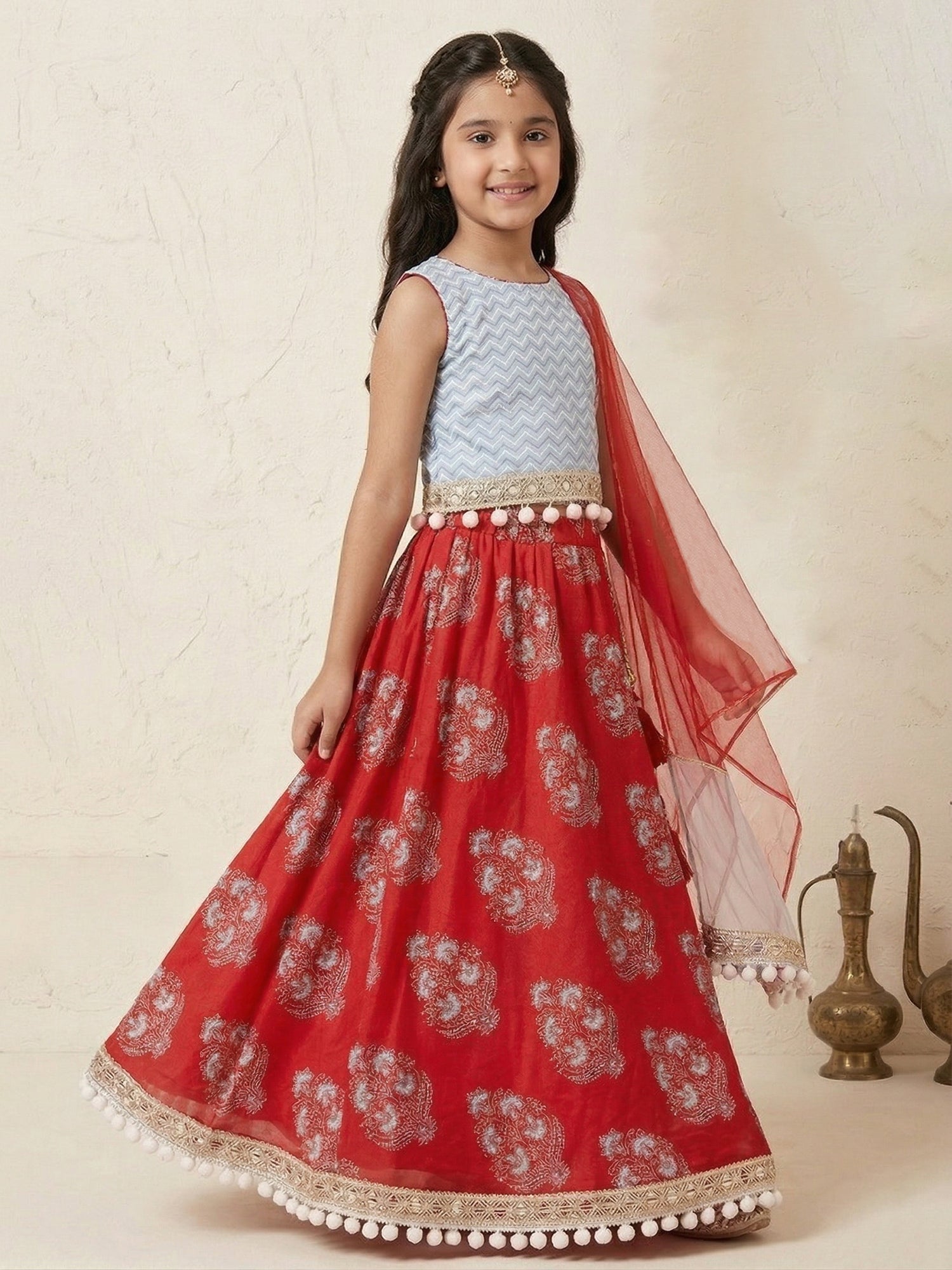 Pspeaches Girls Sky Blue & Red Ethnic Motiff Print flared Cotton Lehenga & Choli With Dupatta (Sku-L-Floralfirozi)